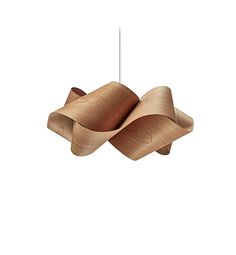 a wooden light hanging from the ceiling with two strings attached to it's sides