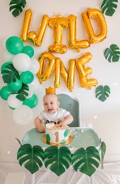 a baby sitting on a chair in front of a cake with the words wild one