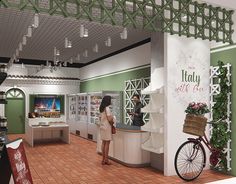 an artist's rendering of a retail store with a bicycle in the foreground