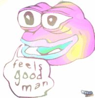 a drawing of a smiling face holding a sign that says feel good man