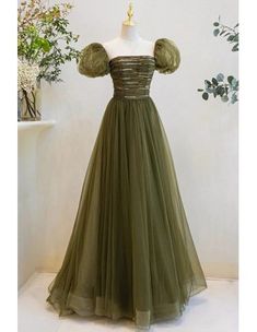 10% off now! Shop dusty green evening dress with delicate bubble sleeves online. Sheprom offers formal, party, casual & more style dresses to fit your special occasions. Green Ball Gown Aesthetic, Ball Gown Aesthetic, Olive Green Gown, Junior Prom Dress, Gown Aesthetic, Prom Dress Green, Green Ball Gown, Dress Quinceanera, Green Evening Dress