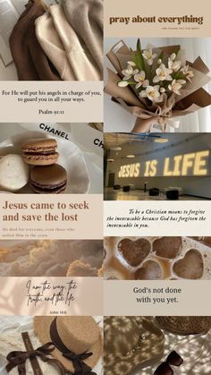 a collage of images with words and pictures on them that say jesus is life