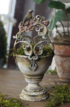 a bird is perched on top of a planter filled with moss and other plants