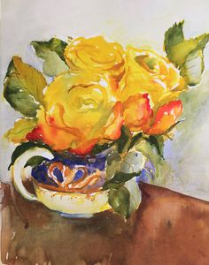 a watercolor painting of yellow roses in a blue and white vase on a table