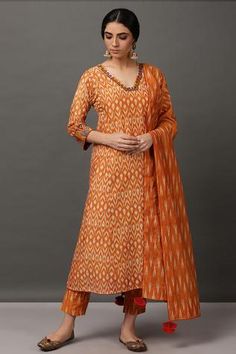 Shop for NUHH Orange Ikat Print Kurta Set for Women Online at Aza Fashions Kurta Embroidery, Embroidery Kurta, Tawny Brown, Salwar Designs, A Line Kurta, Dupatta Set, Indian Suits, Ikat Print, Embroidered Neckline