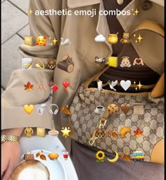 a woman holding a white plate with lots of emoticions on it and the words aesthetic emoji compos above her