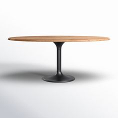 an oval wooden table with black metal base on a plain white background, viewed from the front