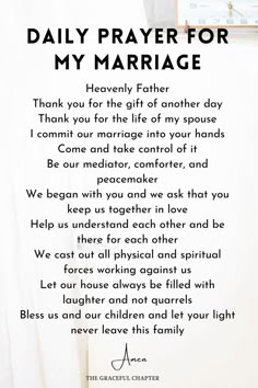 a poem written in black on a white background that says, daily prayer for my marriage