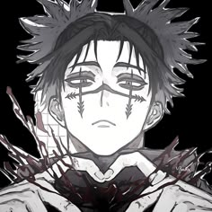 an anime character with black hair and blood splatters on his face, looking at the camera