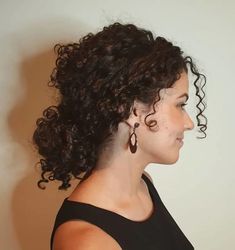 Short Curly Hair In Ponytail, Low Updo Curly Hair, Curly Hair Sides Pulled Up, Bun In Curly Hair, Curl Messy Bun, Side Ponytail Hairstyles Curly Hair, Mid Length Curly Hair Updo, Thick Curly Hair Updo Easy, Low Messy Bun For Curly Hair