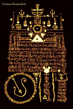 an illuminated manuscript with gold lettering and symbols on black paper, in the style of ancient egyptian writing