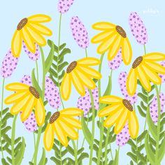 a bunch of yellow daisies and purple flowers on a blue background with polka dots