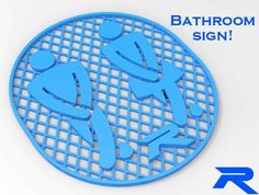 a blue sign that says bathroom sign on the side of a white background with an image of two people