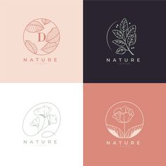 four different logos with flowers and leaves in the middle one is for natural beauty products