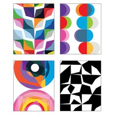 four different designs are shown together in this graphic art printable design set, each with an abstract geometric pattern