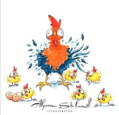 an image of a cartoon chicken surrounded by chicks