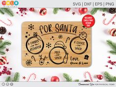 a wooden cutting board with the words for santa on it