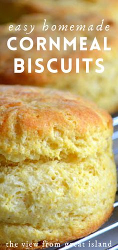 homemade cornmeal biscuits on a cooling rack with the words easy homemade cornmeal biscuits