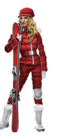 a woman dressed in red holding a snowboard