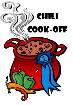 the chili cook - off logo is shown above a red pot filled with food