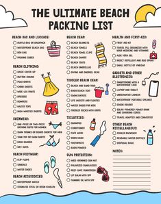 the ultimate beach packing list is shown in this hand - drawn poster, which shows how to