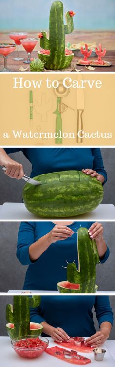 a woman cutting up a large cucumber on top of a table with the words, how to carve a watermelon cactus