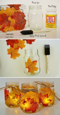 mason jars filled with autumn leaves and some string lights are sitting next to each other