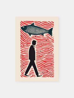 a man walking past a fish on a red and white background