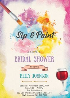 the sip and paint bridal shower party is set up with a glass of wine