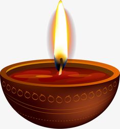 a lit candle in a brown bowl with circles on the rim, transparent png