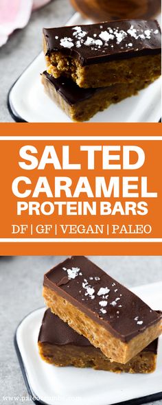 salted caramel protein bars with chocolate on top