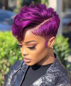 Trendy Pixie Cut Fall Hair Colors for Black Women 🍂 Purple And Black Wigs For Black Women, Purple Pixie Cut Black Women, Mohawk On Natural Hair Black Women, Colored Short Hair Black Women, Very Short Bob Black Women, Short Pixie Cut Black Women, Short Cuts For Black Women, Coloured Pixie Cut, Purple Hair Short