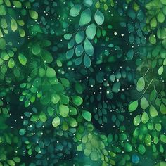 a painting of green leaves with drops of water on them