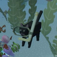 an animated image of a black cat hanging from a tree