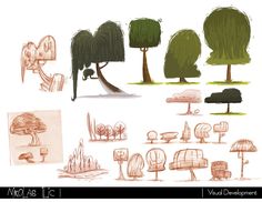 several different types of trees and benches in various stages of development by visual development studio