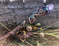 a close up of an odd looking object on a wooden surface with plants and other things around it