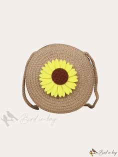 Bird in Bag - Womens Decorative Round Straw Woven Body Beach Bag with Knitted Shoulder Strap Types Of Flowers, Bag Bag, Bird In Bag, Color Khaki, Beach Bag, Straw Bag, Straw, Shoulder Strap, Zipper