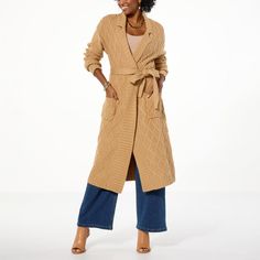 Winter Cardigan With Pockets For Cold Weather, Trendy Knit Outerwear With Pockets, Trendy Sweater Coat With Pockets For Cold Weather, Winter Soft Knit Outerwear For Loungewear, Beige Winter Cardigan For Work, Long Winter Workwear Cardigan, Knit Outerwear With Pockets For Cold Weather, Soft Knit Outerwear For Winter, Winter Beige Long Coat Cardigan