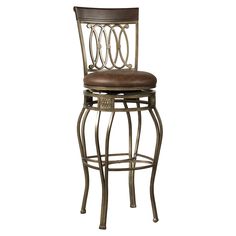 a metal bar stool with a brown leather seat and backrest on an isolated white background