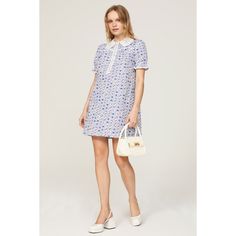 Blue printed cotton (100% Cotton Voile). Shift. Short sleeves. Collar. Front button closure. 33.5" from shoulder to hemline. Imported. Rent The Runway, Closet Designs, Lace Collar, Cotton Voile, Blue Print, Printed Cotton, Short Sleeves, Mini Dress, Collar