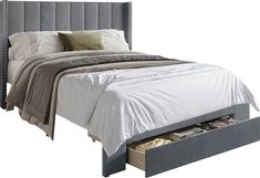 an upholstered bed with two drawers under the headboard and foot board is shown