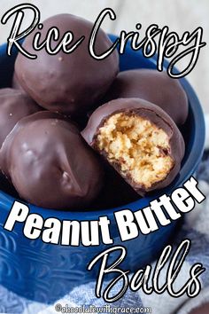 peanut butter balls in a blue bowl with the words, rice crispy peanut butter balls