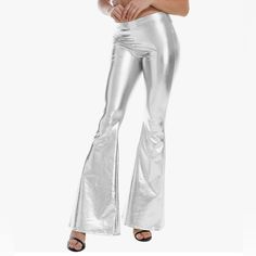 These Stretchy And Shiny Pants Are So Fabulous On. The Picture Of The Pant Itself Seems Wrinkled But When You Put It On, They Stretch Right Out. Can Be Used For Costumes And Also Fashion And Festivals. Silver Pants, Shiny Pants, Flare Leggings, Flared Pants, Dress Party, Pants Color, Flare Pants, Boot Cut, Party Dress