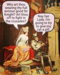 an image of a man and woman in armor talking to each other with speech bubbles above them