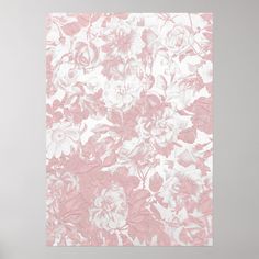 a pink and white floral wallpaper on a grey wall with a vase in the foreground