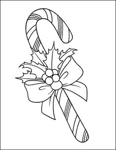 a candy cane with holly leaves and bow coloring page for christmas cards or other holiday activities