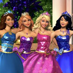 three barbie dolls are standing next to each other in dresses and tiaras, one is waving