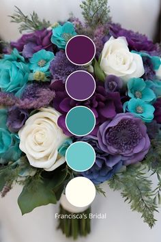 a bridal bouquet with purple and teal flowers, greenery and blue hues