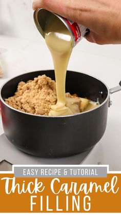 a person pouring sauce into a skillet filled with chicken and cauliflower filling