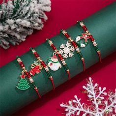 Gender:Women \nColor:Red \nMaterial:Zinc Alloy \n Christmas Party Adjustable Charm Bracelet, Gold Beaded Bracelets For Christmas, Christmas Party Beaded Bracelets, Christmas Beaded Bracelets, Bracelet With Pendant, Bracelet Sets, Snowflake Shape, Christmas Bead, Beads Bracelet Design